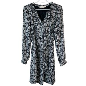 Loft Women’s Black White Floral Dress Ruffled Long Sleeve Size M